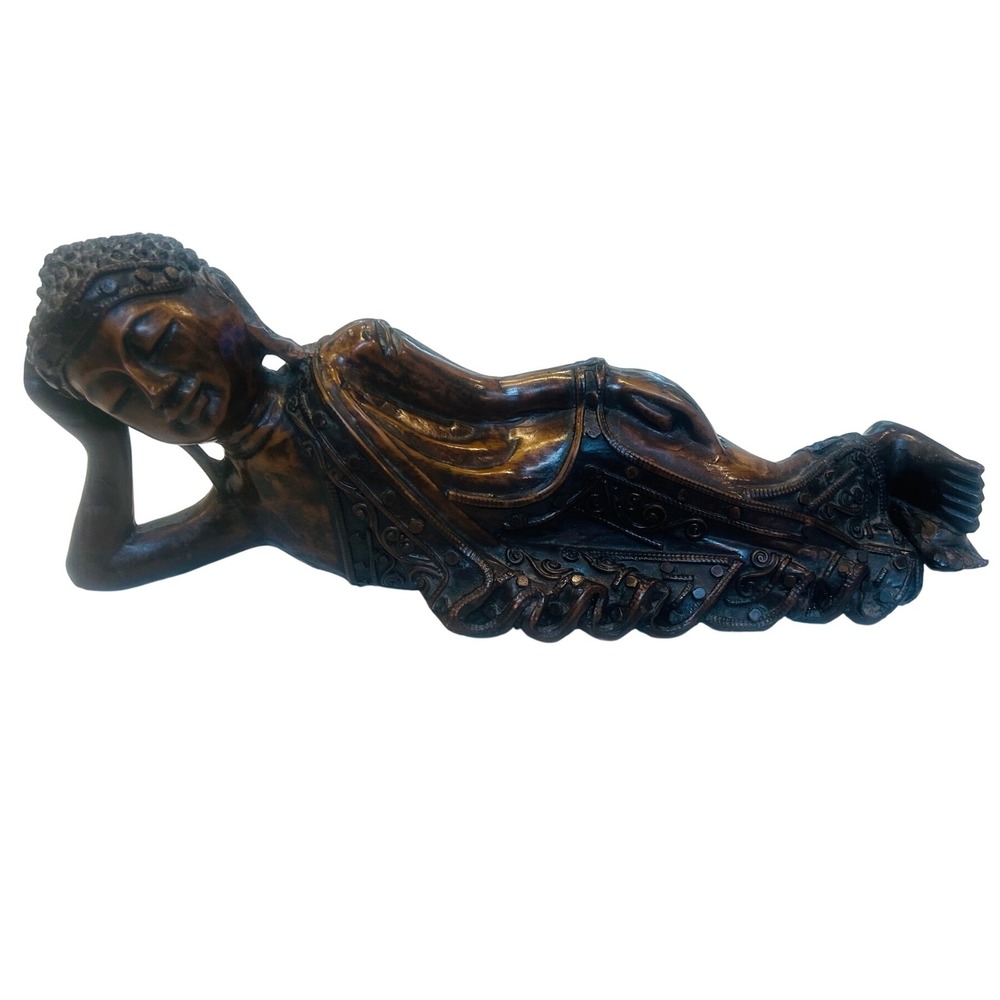 Vintage Reclining Buddha Statue Hand Carved Wood Asian Decor Home Meditation 12"